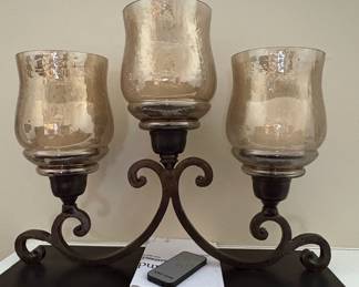 ThreeLight Wrought Iron Candelabra with Mercury Glass Hurricanes
