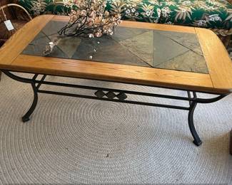 Oak and Slate Tile Top Coffee Table with Metal Base