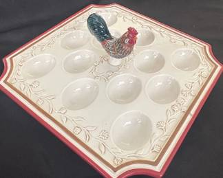 Ceramic Deviled Egg Platter with Rooster Figurine