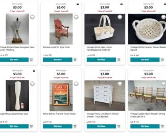 Etched Crystal Lamp, Louis XIII style chair, Vintage Perl Lucite Handbag/purse Rialto NY, Ceramic woven Basket, Mikasa Cased Glass Vase, Retro Travel Poster, Henry Link Style Dresser, Ladder Back Chairs