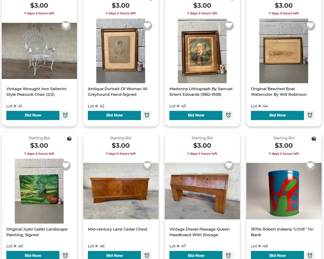 Salterini Peacock Chair, Antique Portrait, Samuel Arlent Edwards, Judd Gallet, Lane Cedar Chest, Drexel Headboard, 1970's Robert Indians Tin Bank