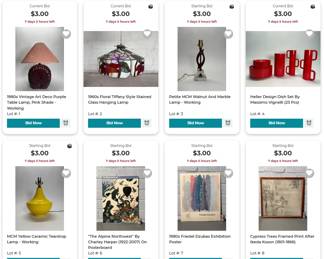 Heller Design Dish Set, Yellow MCM Lamp, Charley Harper Poster, Dzubas Poster, Ikeda Koson, Tiffany Style Lamp, MCM Walnut Lamp, Postmodern Shell Lamp