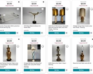 Dorothy Thorpe Style MCM Tray, MCM Brass Ballerina, Giacometti Style Lamps, Stiffle, Pier1, Greenspan style lamps