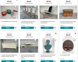 Bakelite Style Coasters, Brass Dining Chairs Mangematin style, Milo Baughman style rocker, American of Martinsville Bamboo Bar, Thomasville Allegro 9 Drawer Dresser and Desk, Caesar Bust, African Baluba Mask