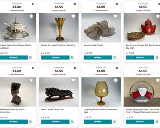 Italian Soup Tureen, Fluted Vase, Quartz Crystal, Pottery, Austin Production Nefertiti Bust, Hand Carved Lion, Empoli Glass Vase, Hanging Bubble Chair