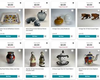 Deruta Raffaellesco Cermic Platter, Dribug Kristall Beehive Pitcher and Glasses, Glass Lamp Shades, Hand Carved Tigers, Poole Pottey Lava Vase, Hand Painted Greek Porcelain Dolls, Antique Sugar Bowl, Modern Elephant Teapot