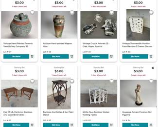 Hand painted vases, crystal glass animals, Thomasville chest of drawers, JB Van Sciver Reed tables, Rattan plant Stand, Faux Bamboo Nesting Tables, Giuseppe Armani Figurine