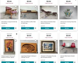 Stol Kamnik MCM chair, Lane Coffee Table, Anchor Hocking Chip & Dip, Ekornes Stressless, Original Impasto Painting, Roger M. Bishop Burlap Art, Lady Bird Strickland Art, Herman Miller Tandem Bench