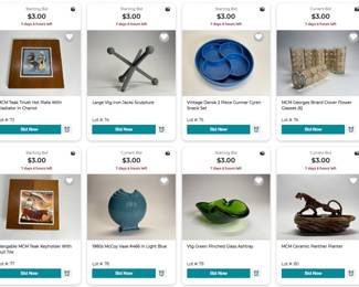 MCM Teak Hot plate, Jacks sculpture, Dansk Snack Set, Georges Briard Drinking Glasses, MCM Keyholder, McCoy Pottery Vase, Green Glass Ash Tray, MCM Ceramic Panther Planter