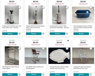 White Glass and Ceramic Lamps, Jens Quistgaard Enamelware, Milo Baughman Style Etagere, Salterini Style Chair, Cleo Baldon Style Chair