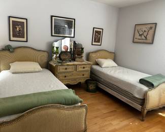 Just beautiful French upholstered twins and and dresser