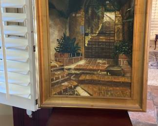 Set of small nesting tables and an oil on canvas called Puerto Vallarta Courtyard