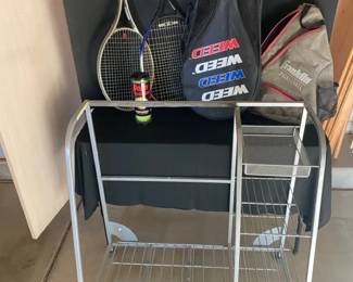 Sports Storage Rack, Two Tennis Rackets And More