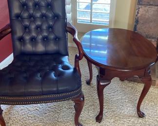 Queen Anne style leather side chair, and a side table