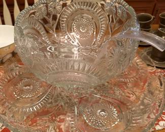 depression glass punch bowl with extra large underplate
