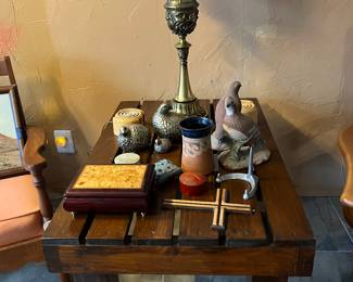 Amazing vintage heavy brass lamp .
Large custom made side table or coffee table. Quail collectibles.
German wooden jewelry box.