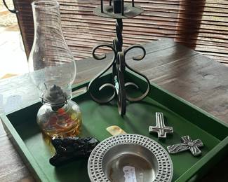Vintage Lantern, green tray, horned toad, pewter tray and two crosses, black metal candle holder.