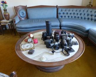 Marble top coffee table, travel clocks, vintage cameras