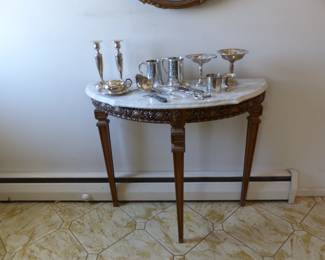 Marble top demilune console table, bric-a-brac