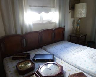 Vintage headboard, pair of night tables, pair of figural lamps
