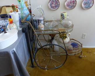 Vintage brass & glass bar cart, bric-a-brac