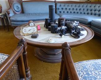 Marble top coffee table, travel clocks, vintage cameras