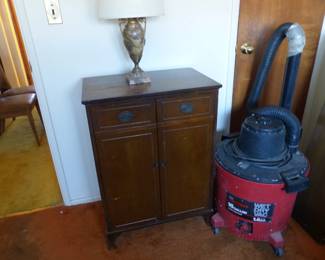 Mahogany cabinet, lamp. shop vac