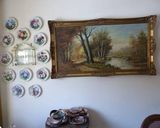 Collectible plates, small Swarovski figurines, framed art