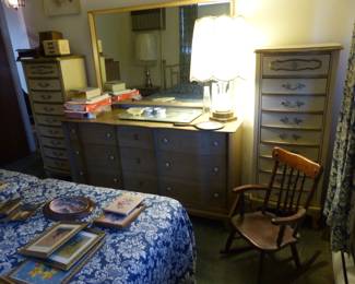 Pair of lingerie chests, vintage dresser & mirror, lamp