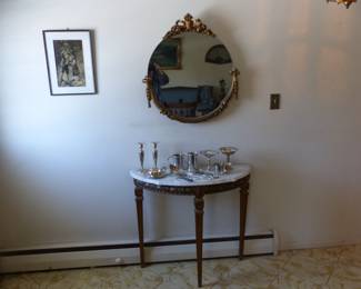 Marble top demilune console table, decorative mirror, picture