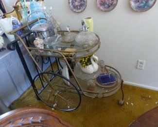 Vintage brass & glass bar cart, bric-a-brac