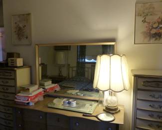 Pair of lingerie chests, vintage dresser & mirror, lamp