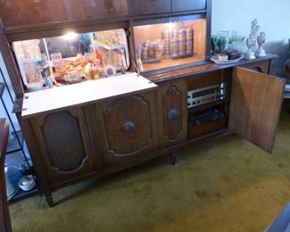 Vintage bar, storage, display & stereo cabinet, vintage glassware