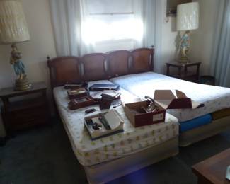 Vintage headboard, pair of night tables, pair of figural lamps