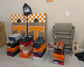 Corn hole game with UT colors and more sneakers and shoes 