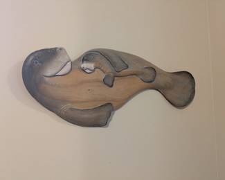 Manatee and baby coastal wooden wall decor
