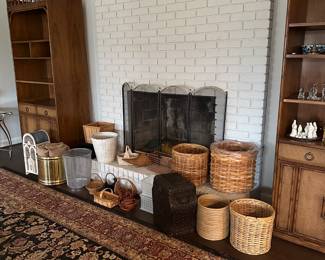baskets, birdcage, rugs, fireplace screen, vintage shelves, trinkets