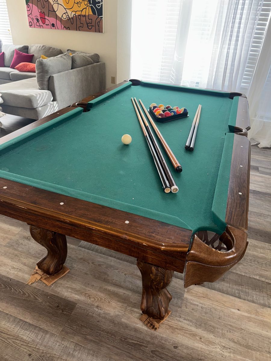 EastPoint Pool Table with adult & child size cue sticks and extra set of billiard balls. 