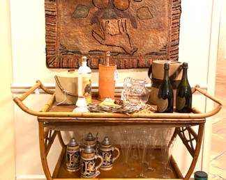 Mid-Century rattan bar cart