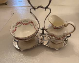 Crescent (England) creamer/sugar) in silver-plate caddy