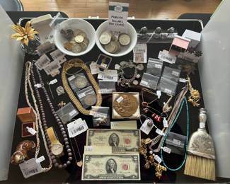 Morgan Dollars, 14k Pink & White Earrings, 14k Green Stone Earrings, Swarovski Crystal Pineapple, Black Stone Earrings, (BL) Sterling Bracelet with Charms, Pandora Earrings, JZ Designs Pen & Holder, Sterling Pandora Trip Earrings, Sterling Pandora Trio Earrings, Sterling Stuat Bye Brooch & Earrings   