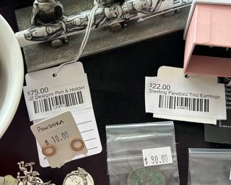 Pandora Earrings, JZ Designs Pen & Holder, Sterling Pandora Trio Earrings 