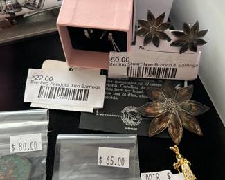 Sterling Pandora Trio Earrings, Sterling Stuart Nye Brooch & Earrings 