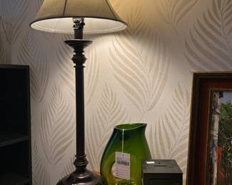 Green Jug Vase, Small Framed Painting, Table Lamp 