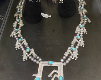 Native American Yei figure sterling  and turqoise necklace and earrings