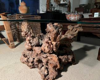 Burl wood coffee table with glass top 