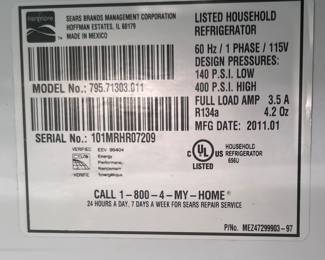 Label inside Kenmore refrigerator  