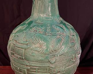 Large (28” tall x 16” wide) over glaze green  Chinese vase 