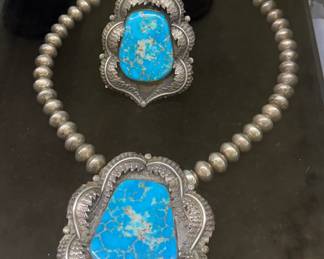 Gorgeous Native American Sterling and turquoise necklace and ring 