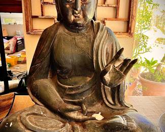 Antique Edo period black lacquered carved wood  Japanese Buddha: this is a very large piece about 32' tall: notice the left hand mudra!